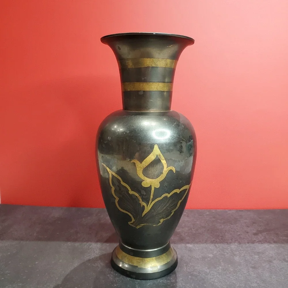 Vintage Hand-Etched Black & Gold Brass‎ Vase Made in India Mid-Century Decor